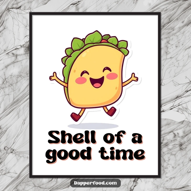 Funny Taco Hop Digital Art showcasing a cheerful smiling taco character with legs doing a joyful hop, vibrant and fun.