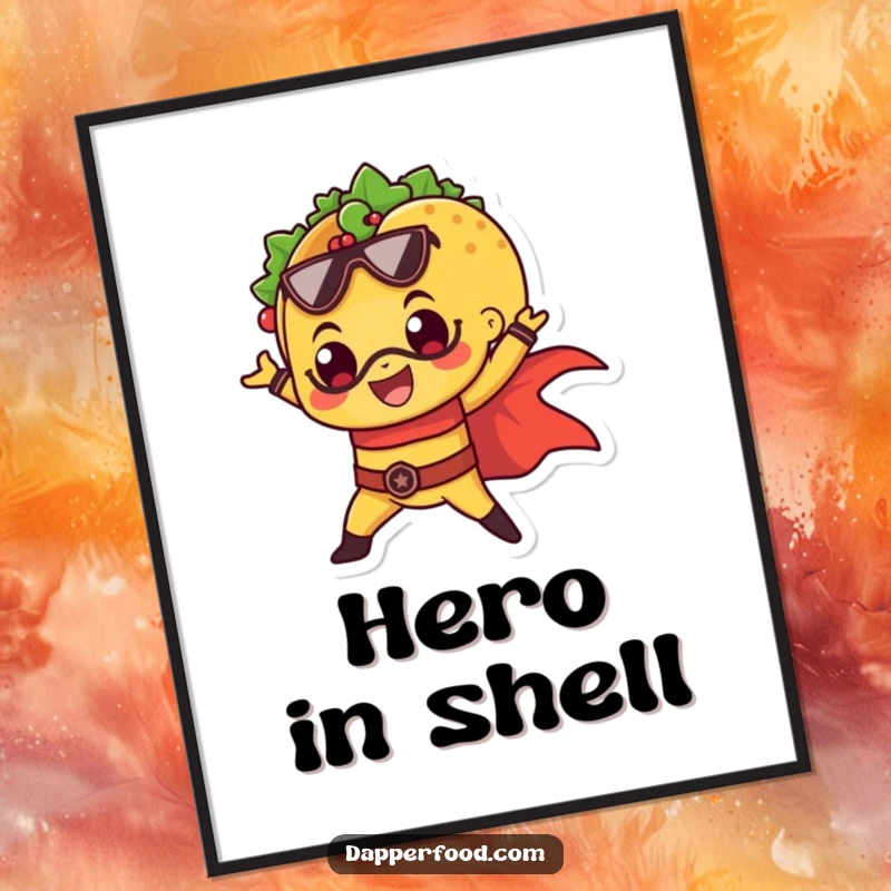 Funny digital art print of a cheerful taco striking a dramatic superhero pose.