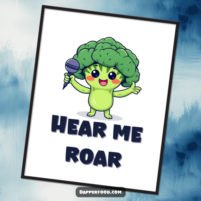 Funny digital art print of a proud broccoli floret character holding arms up and presenting a tiny microphone, downloadable comedy.