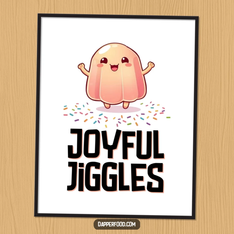 Funny digital art print of a wobbly jelly bouncing with pure joy on a sprinkle-covered surface.