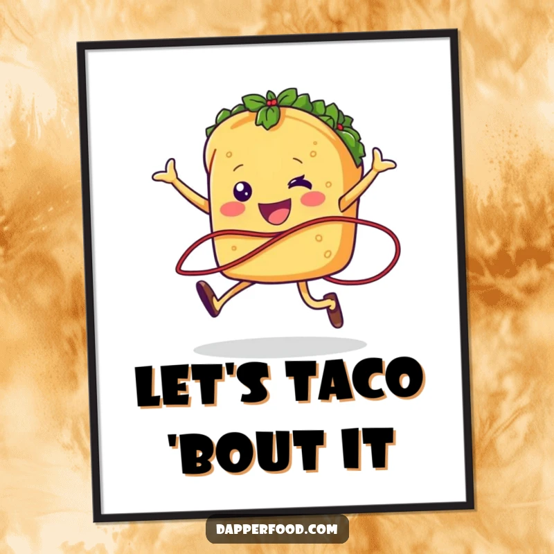 Funny taco character jumping rope with salsa, available as a downloadable digital art print for zesty and humorous decor.