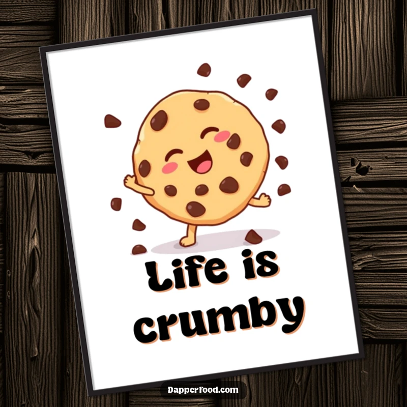 Funny cookie cartwheel digital art print, capturing a chocolate chip cookie's energetic move for instant wall decor. A great funny gift.