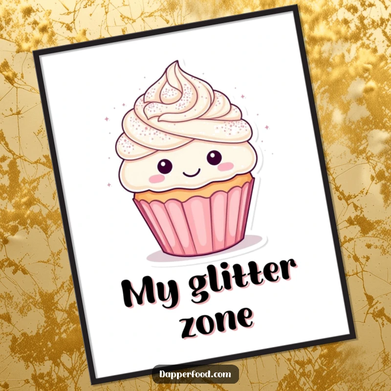 Funny cupcake digital art print showing a character with frosting hair showered in glitter, perfect for instant whimsical decoration.