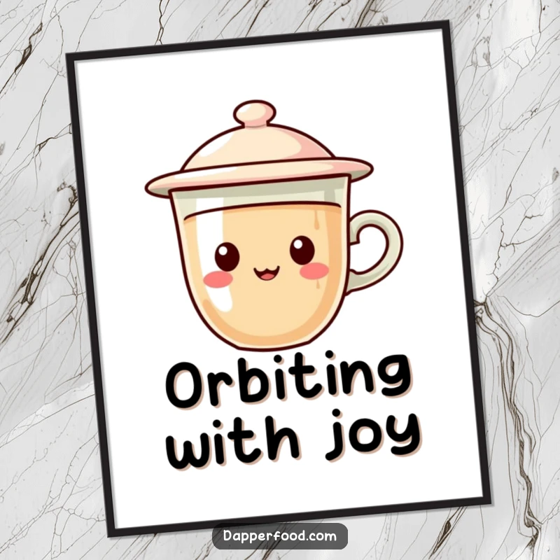 Funny UFO coffee digital art print featuring a cup character with a flying saucer lid, hovering with cheerful cosmic energy.