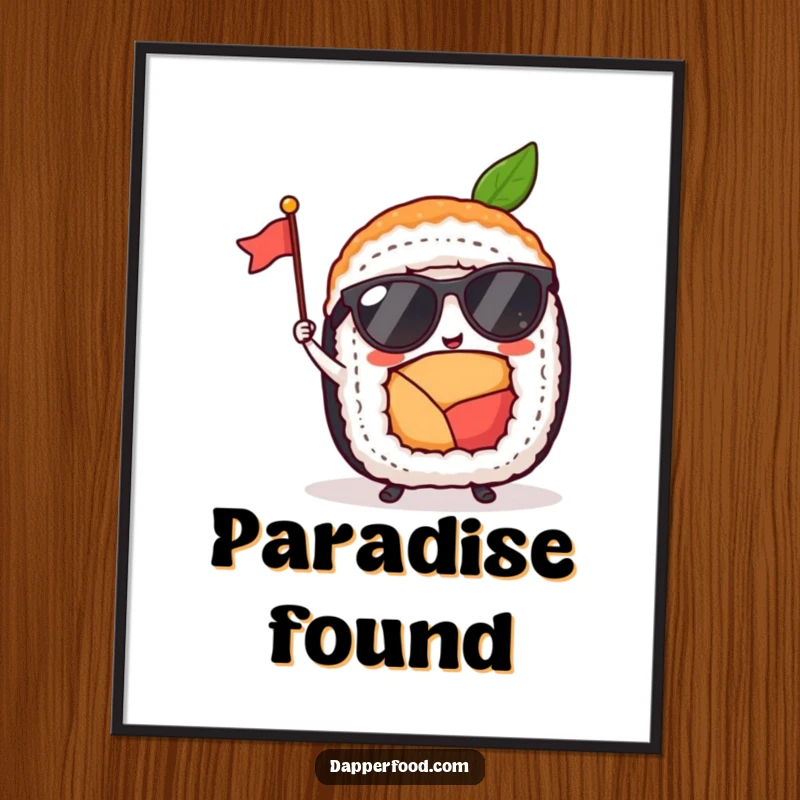 Funny sushi roll with tiny sunglasses and a flag, rendered as a digital art print, offering instant visual humor.