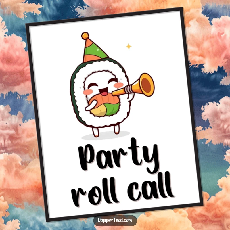 Funny sushi roll character digital art print, in a party hat, enthusiastically playing a tiny trumpet, capturing festive musical joy.