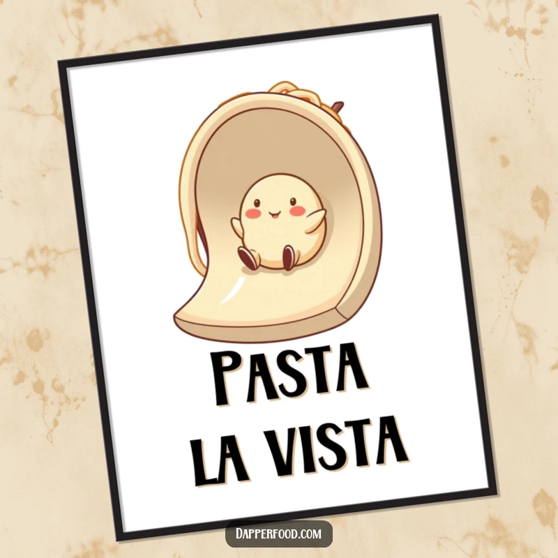 Funny dumpling character sliding down a noodle, available as a downloadable digital art print for delicious and humorous decor.