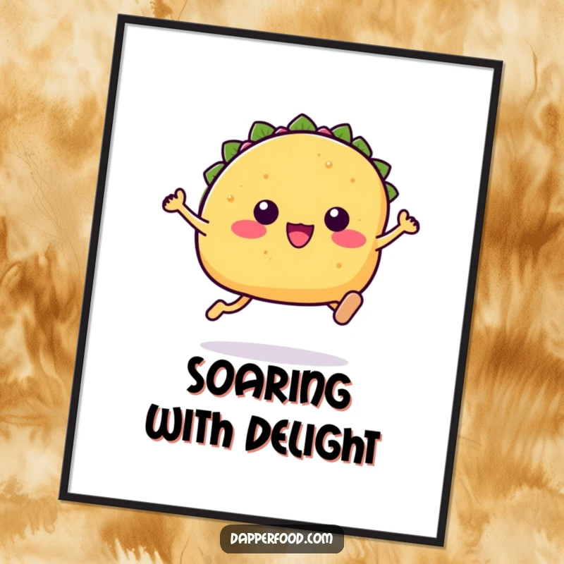Funny Kawaii taco digital art print of a cute taco character with small legs in an enthusiastic leaping pose.
