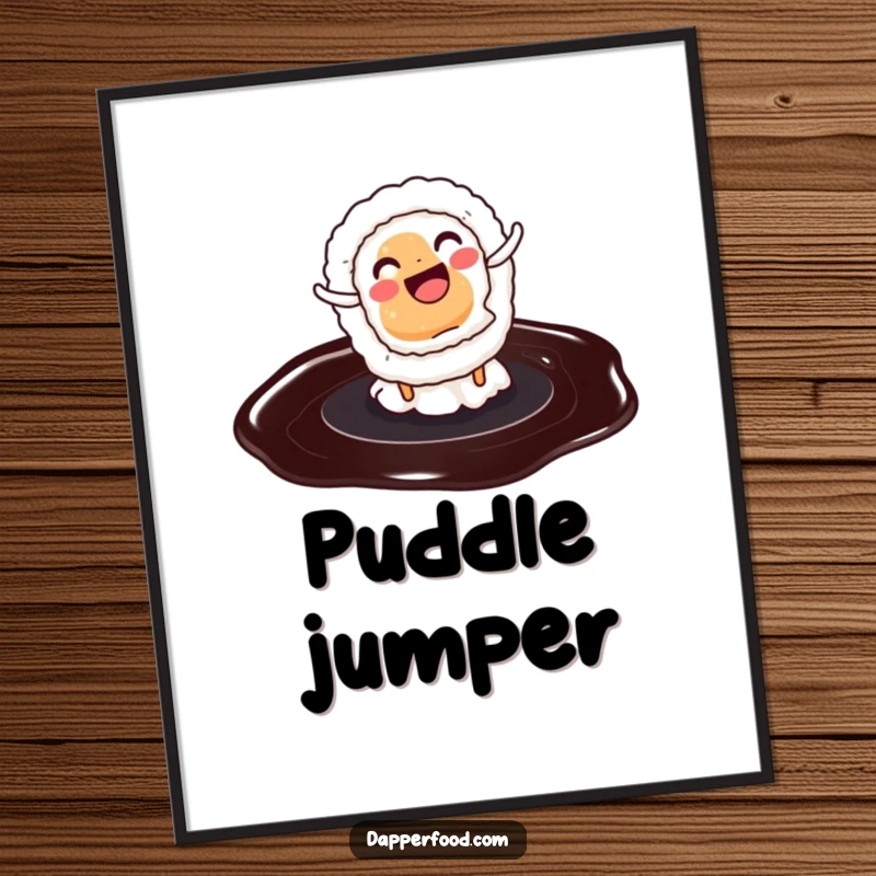 Funny digital art print of a sushi roll joyfully doing a cartwheel on a soy sauce puddle.