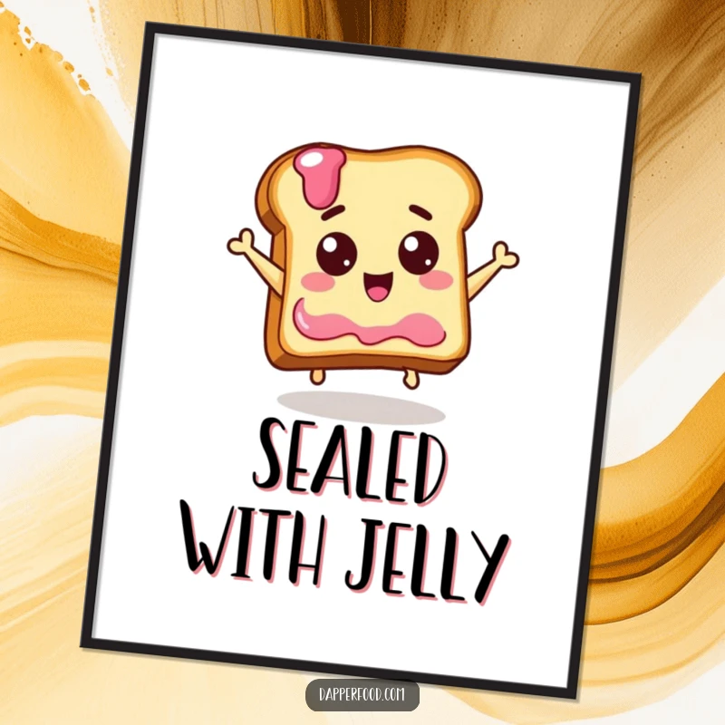 Funny digital art print of a delighted piece of toast with eyes leaping for a jelly jar, capturing breakfast's joyful anticipation.