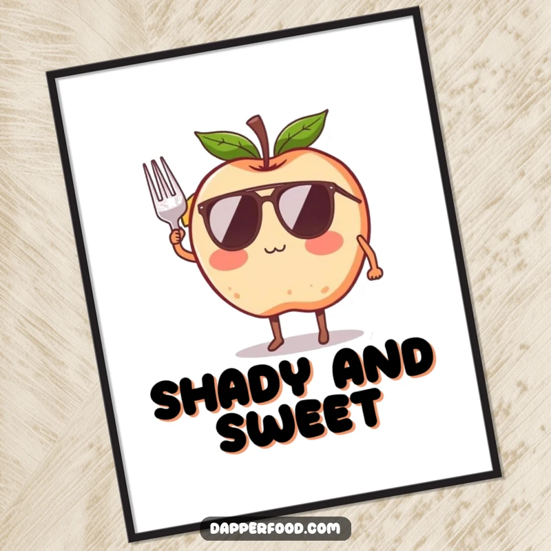 Funny digital art print of a blushing apple character wearing sunglasses and saluting with a tiny fork, downloadable humor.