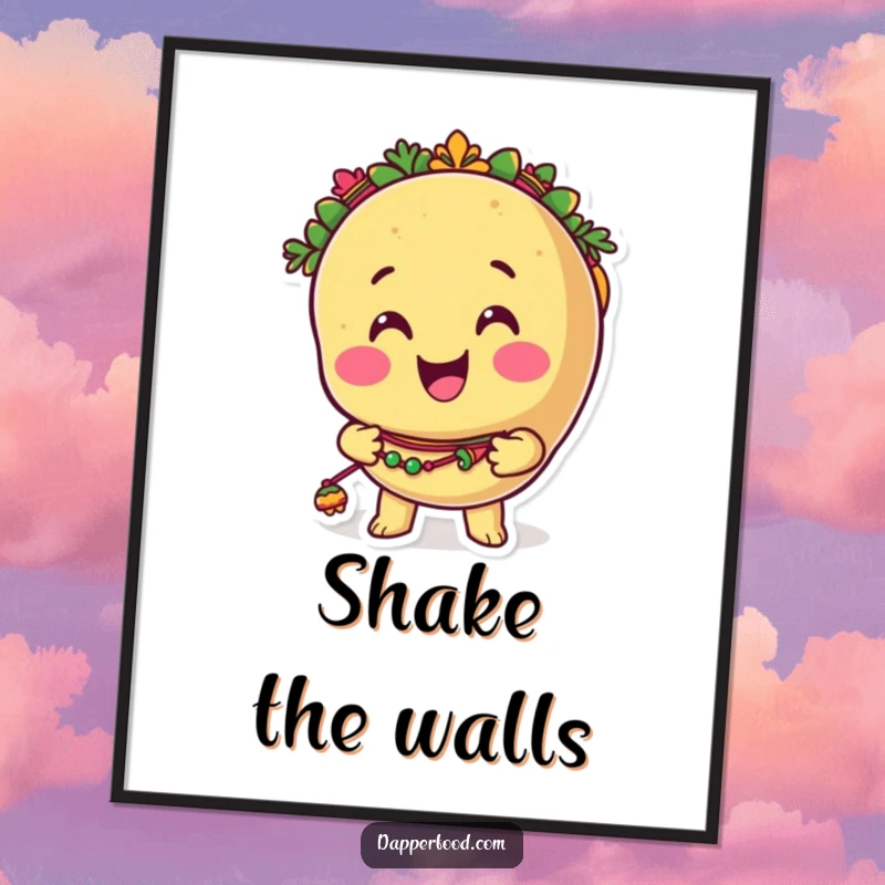 Funny taco digital art print of a smiling anthropomorphic taco character shaking tiny, colorful maracas, ready to bring festive cheer instantly.
