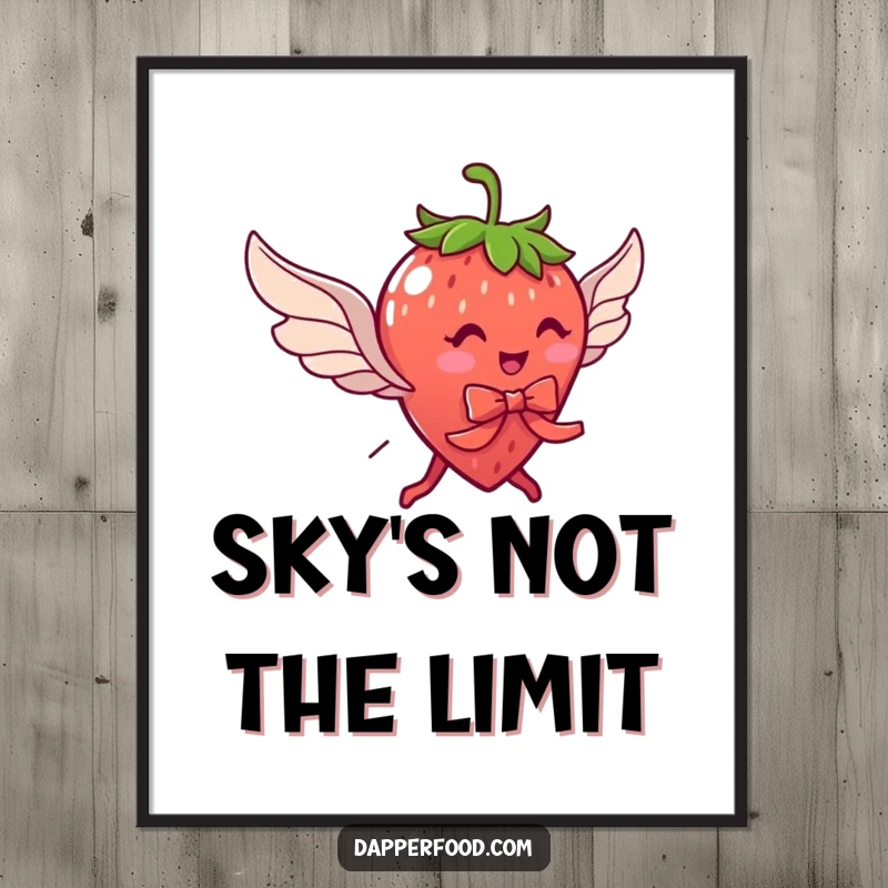 Funny digital art print of a delightful strawberry character with legs, wearing a ribbon and wings, downloadable whimsy.