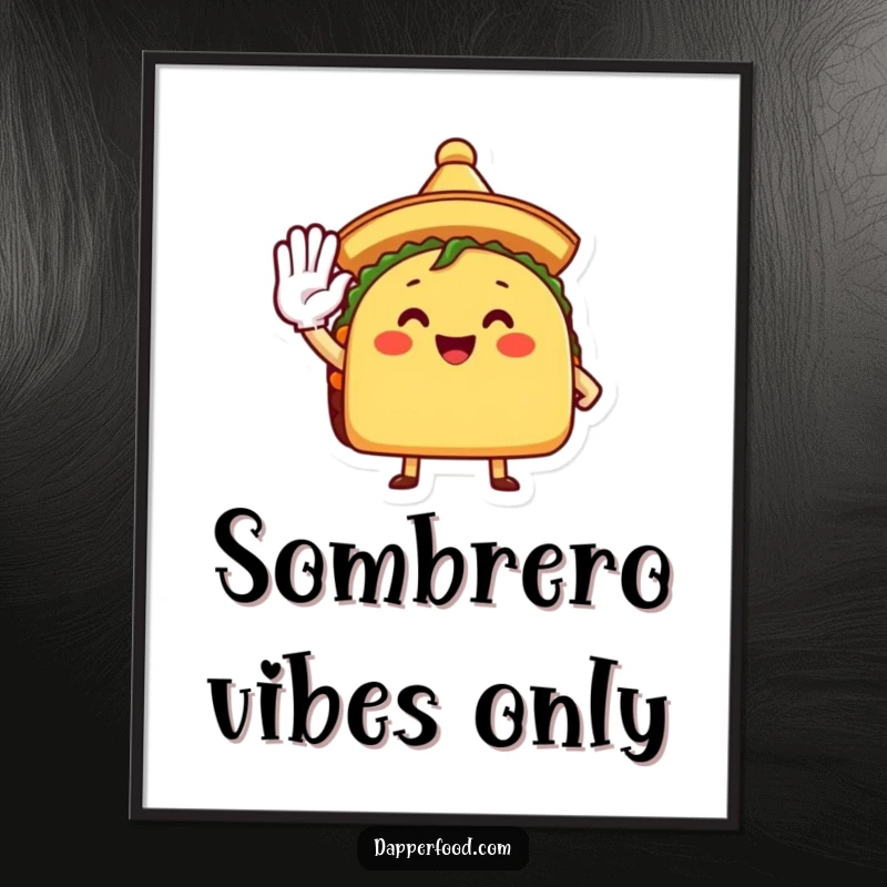 Funny Digital Art Print of a happy taco character in a tiny sombrero, enthusiastically saluting, perfect for instant decor.