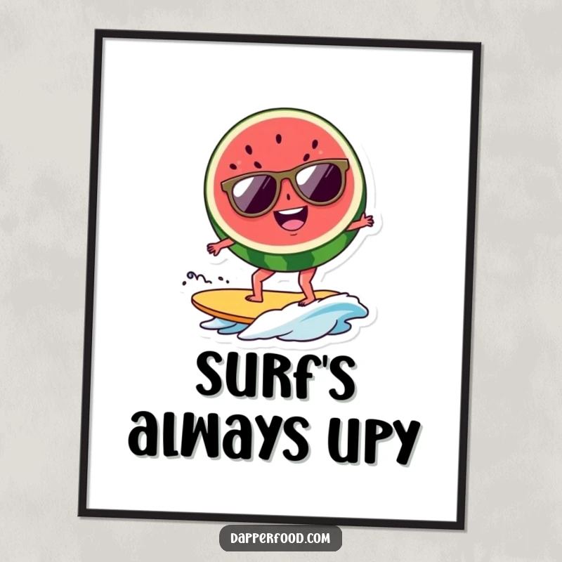 Funny watermelon surfer digital art print, a cool slice with shades surfing a wave for instant decor. A great funny gift.