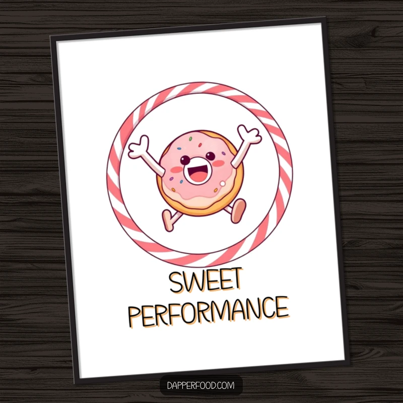 Funny digital art print of a gleeful donut enthusiastically jumping through a licorice hoop, perfect for playful decor.