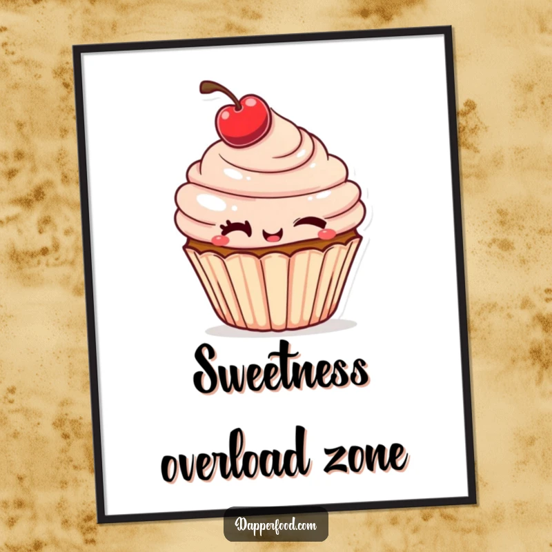 Funny Digital Art Print of a cheeky cupcake winking mischievously, a cherry tilted, bringing playful humor.