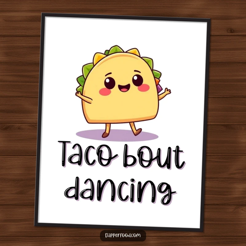 Funny Digital Art Print: A cheerful taco with legs salsa dances with a smiling burrito, capturing lively Mexican food energy.