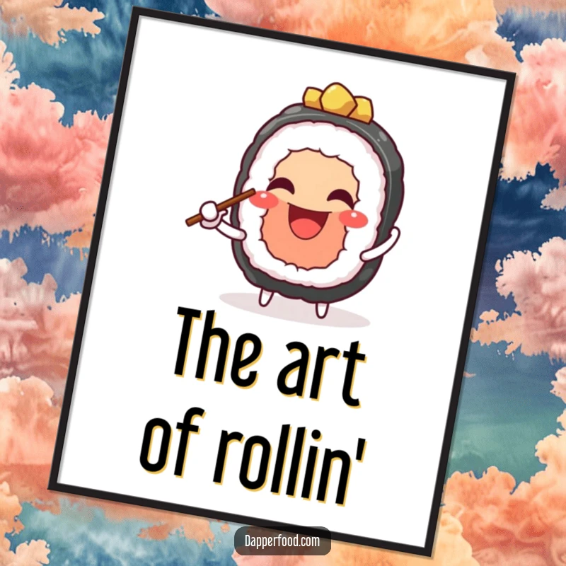 Funny digital art print of a cheerful sushi character grinning while juggling chopsticks, perfect for vibrant, humorous decor. Instant funny gift.