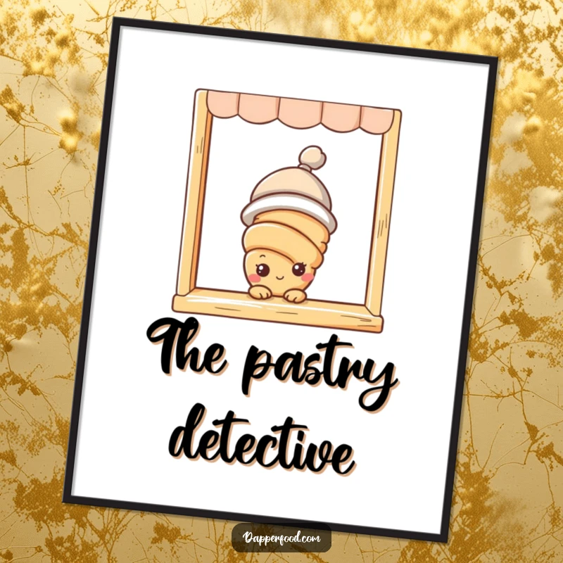 Funny croissant character with a tiny hat peeking from a bakery window, as a high-resolution digital art print.