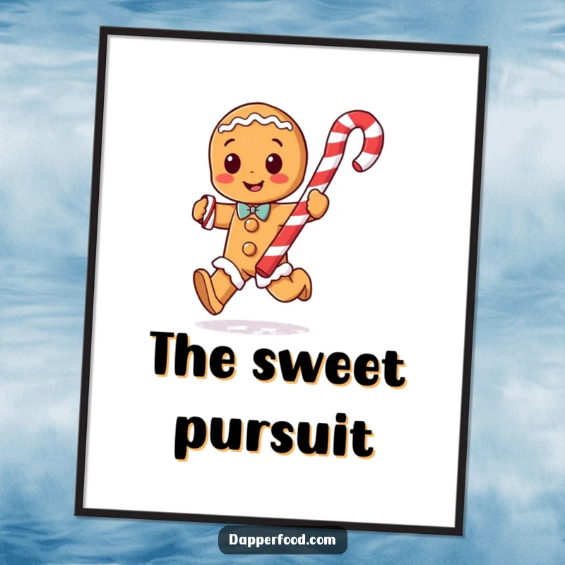 Funny gingerbread man character with arms running with a giant candy cane, as a high-resolution digital art print.