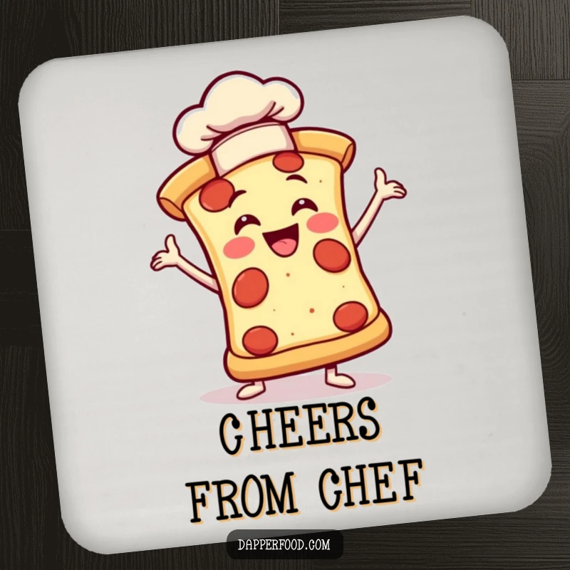 Funny drink coaster with a joyful pizza slice in a dramatic pose wearing a tiny chef hat, protecting surfaces.