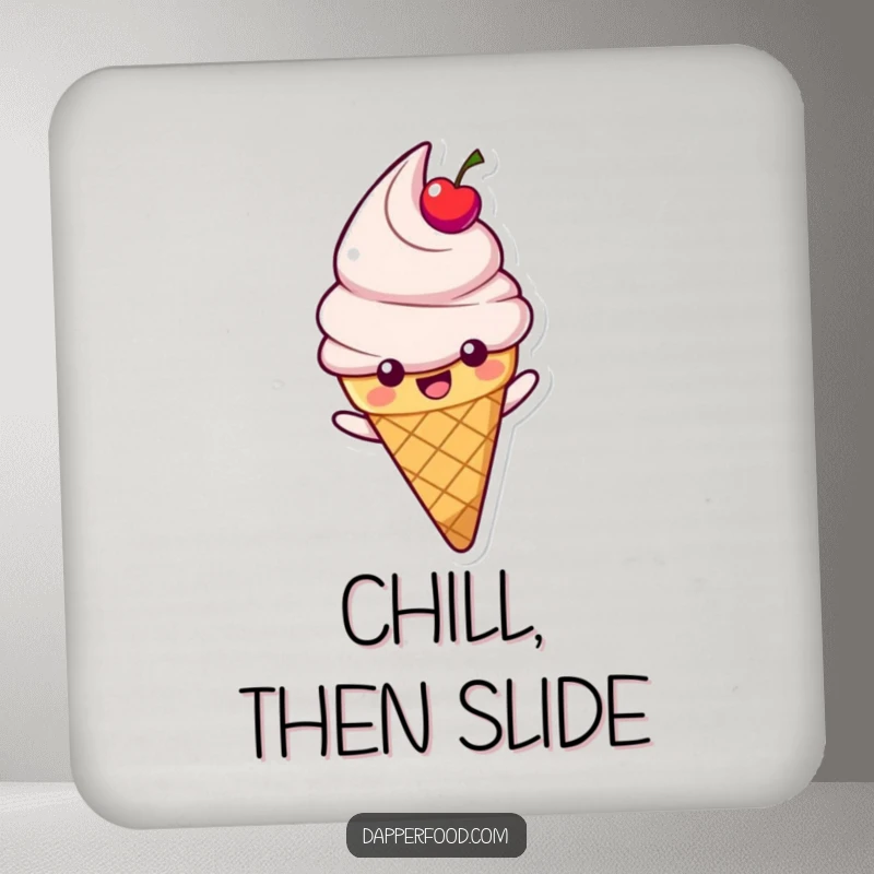 Funny Ice Cream Coaster featuring a happy cone character with cherry topping, sliding down a rainbow, safeguarding drinks with sweet, joyful humor.