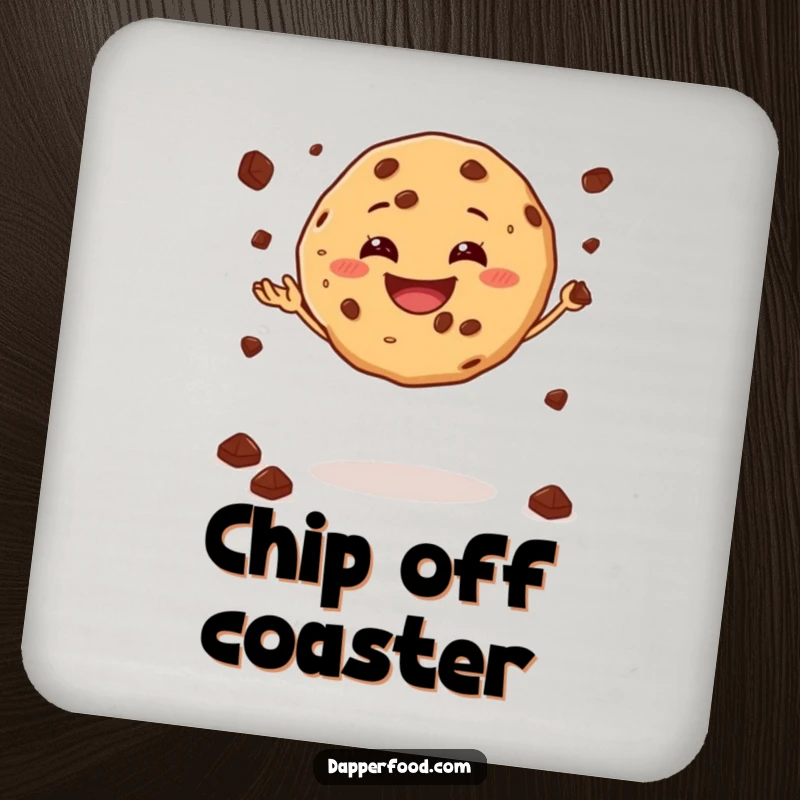 Funny drink coaster featuring a grinning cookie juggling chocolate chips while balancing, adding whimsical protection.