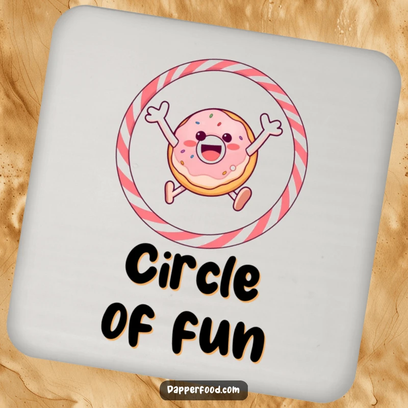Funny drink coasters featuring a gleeful donut jumping through a licorice hoop, protecting surfaces with whimsical charm.