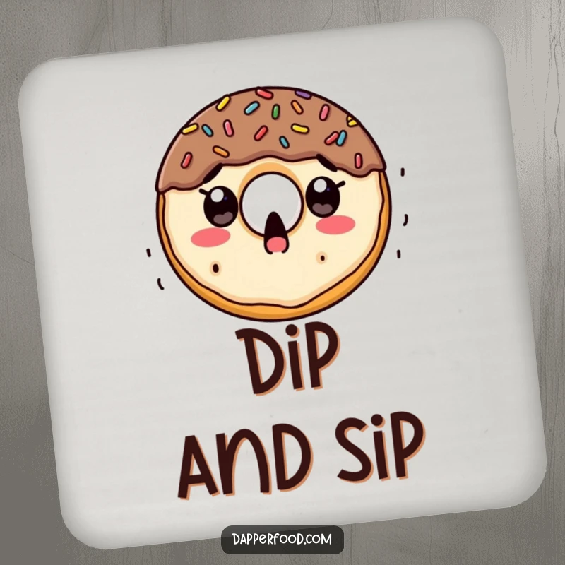 Funny drink coaster depicting a surprised doughnut character with wide eyes, as colorful sprinkles fall upon it.