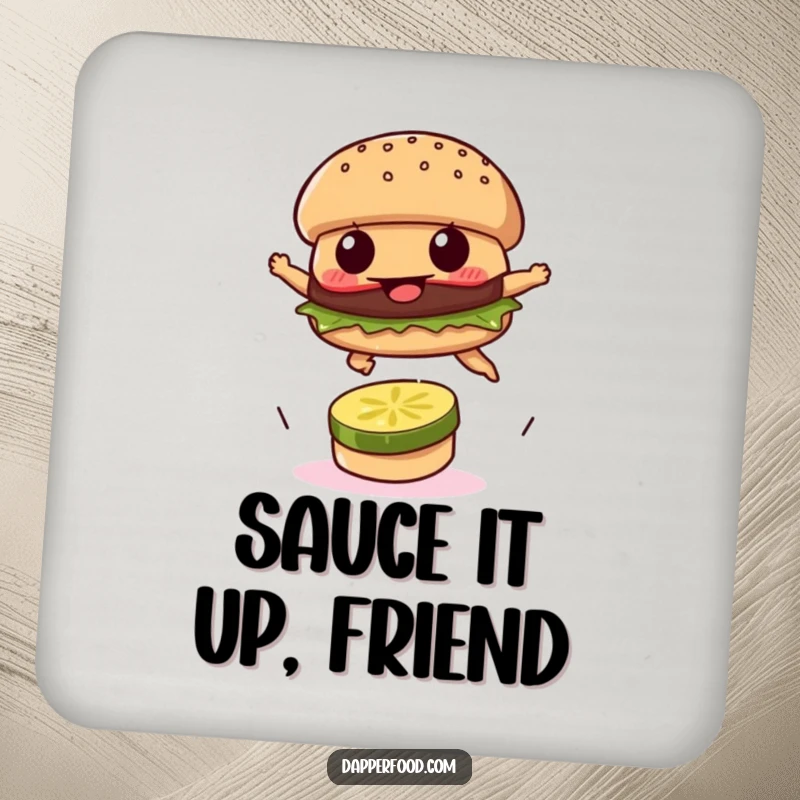 Funny coaster featuring a burger patty leaping over a pickle slice, protecting drinks with determined humor.