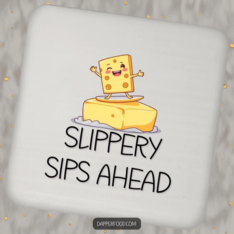 Funny delighted cheese slice character surfing on a giant pat of butter with a goofy grin, humorous coasters.
