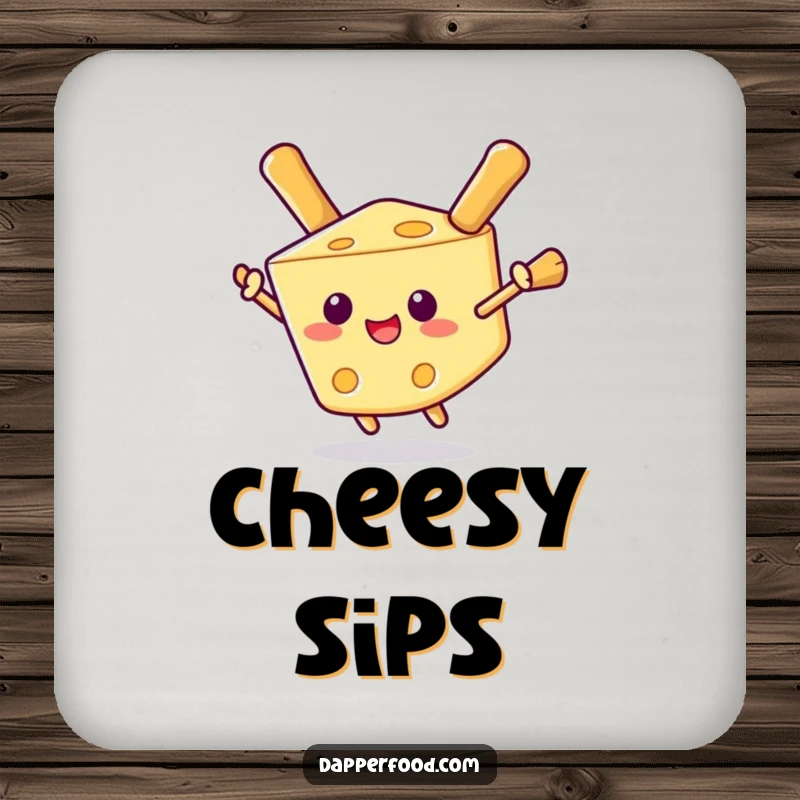 Funny drink coasters featuring a delighted cheese wedge using breadstick wings for flight, protecting surfaces with humor.