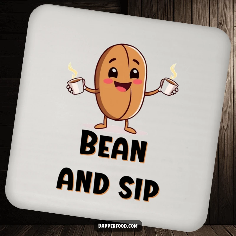 Funny Coaster: A grinning anthropomorphic coffee bean character enthusiastically juggles tiny steaming cups, a humorous and protective accessory.