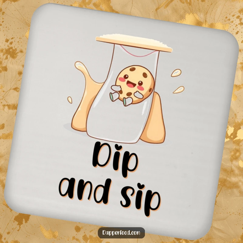 Funny cookie drink coaster featuring a giggling character sliding down a milk-flavored slide, adding sweet charm.