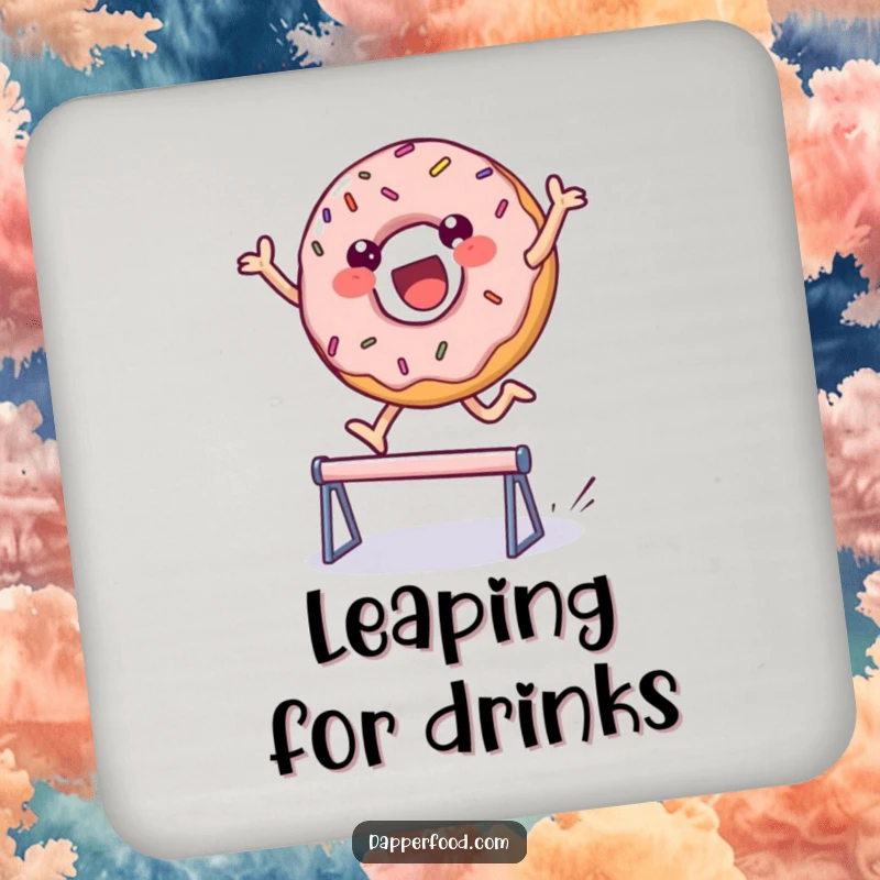 Funny drink coasters featuring a delighted donut character with sprinkles, leaping over a hurdle, offering protection and sweet, humorous art. Ideal funny gift.