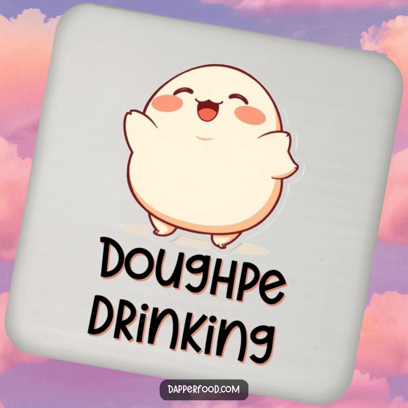 Funny Dumpling Bob Drink Coaster featuring a plump, giggling dumpling character bobbing excitedly, protecting surfaces with joy.