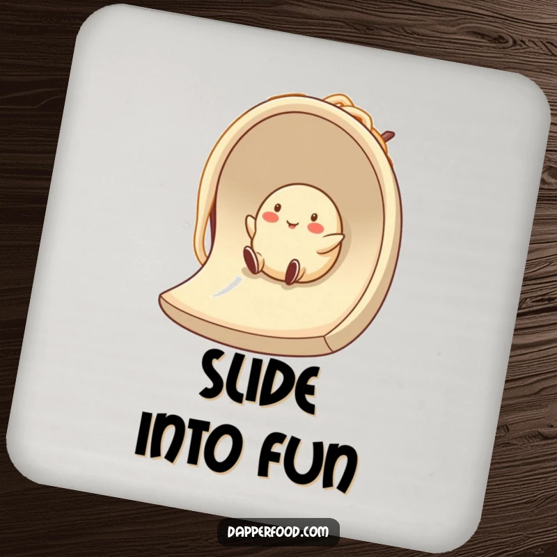 Funny dumpling character enjoying a noodle slide on a coaster, offering humorous protection for surfaces.