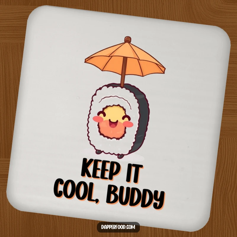 Funny Drink Coaster depicting a happy sushi roll balancing a tiny umbrella, adding charm and protection.