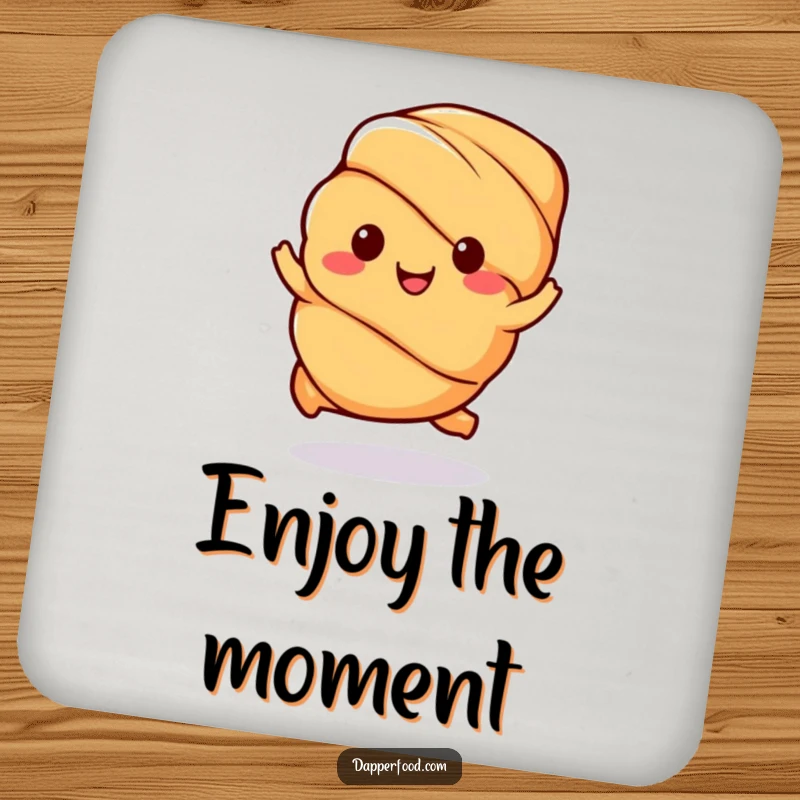 Funny Kawaii Croissant Coasters: Set of coasters featuring a happy pastry character hopping, protecting surfaces with charm, a nice funny gift.