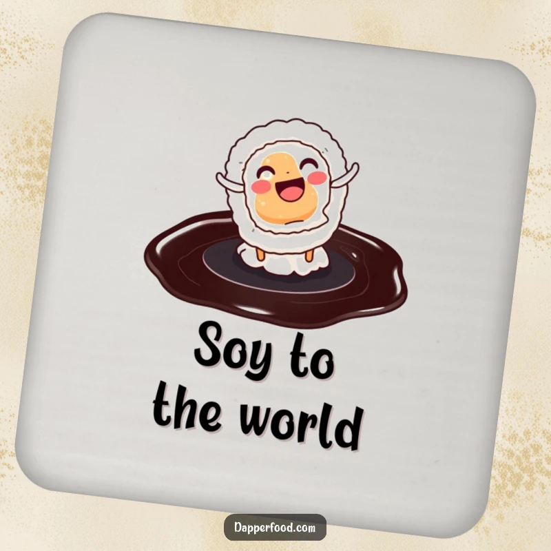 Funny drink coaster featuring a sushi roll doing a cartwheel on soy sauce, adding playful protection to tables.