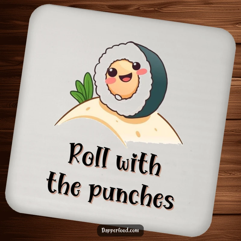 Funny Drink Coasters showing a smiling sushi roll character rolling down a hill, offering protection and humor.