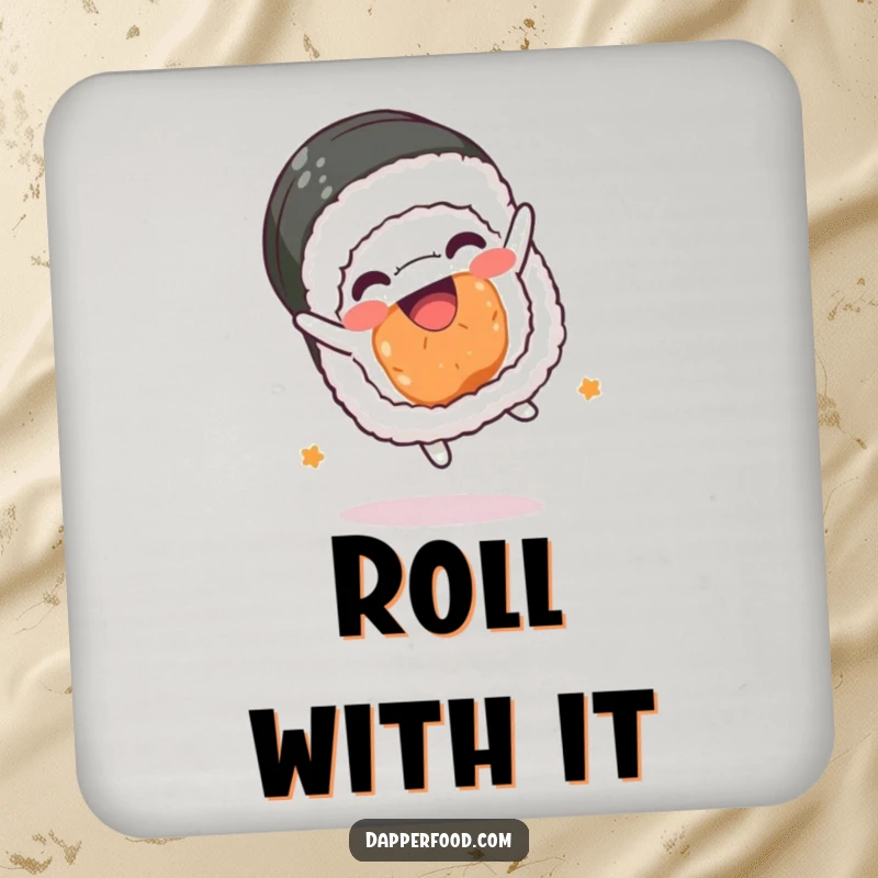 Funny sushi roll coasters, kawaii character doing a somersault, set protecting furniture, perfect funny gift.