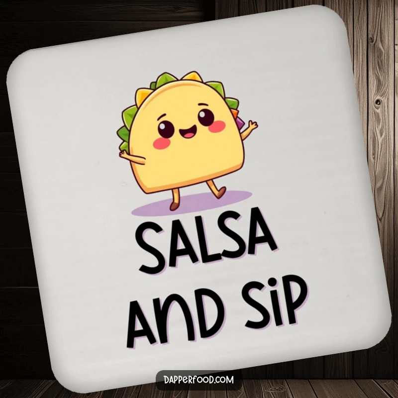 Funny Coaster: A cheerful taco with legs salsa dances with a smiling burrito, a fun piece of Mexican food art.