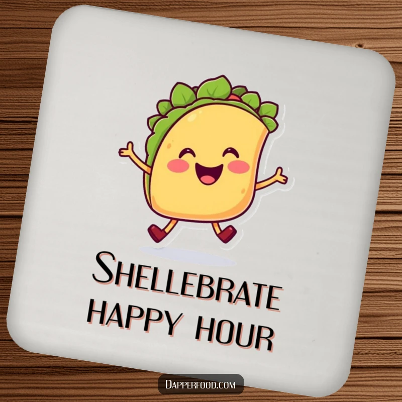 Funny Taco Hop Drink Coaster featuring a cheerful smiling taco character with legs joyfully hopping, protecting surfaces humorously.