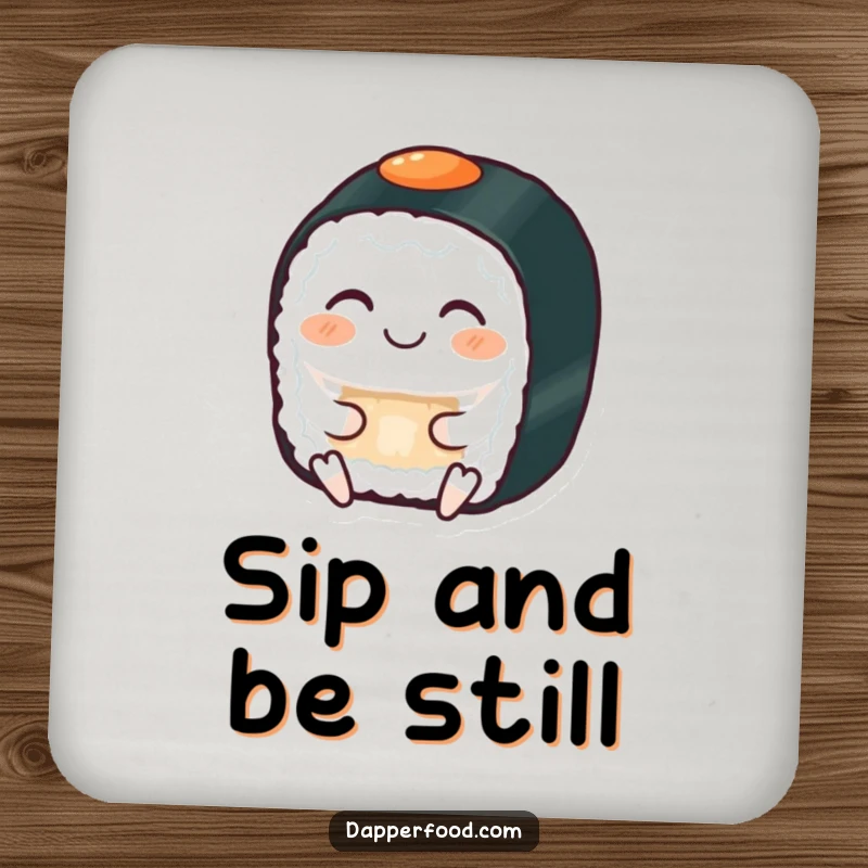 Funny drink coaster with a grinning sushi roll with eyes closed, serenely meditating, protecting surfaces.