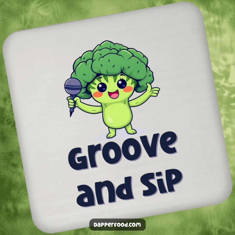 Funny drink coaster featuring a proud broccoli floret character holding arms up and presenting a tiny microphone, comedy table protection.