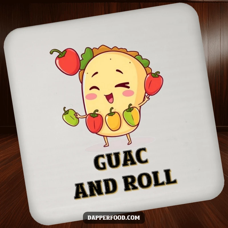 Funny drink coaster showcasing a winking taco character in the act of juggling three tiny bell peppers.