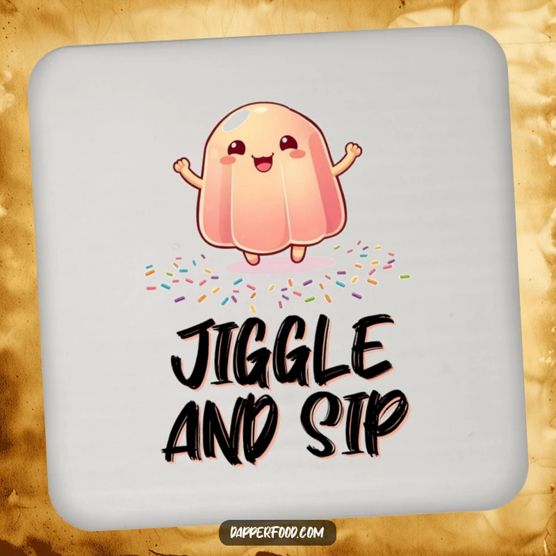 Funny drink coaster featuring a wobbly jelly bouncing with joy on a sprinkle surface, adding sweet protection.