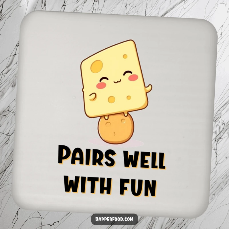 Funny cheese cracker giggle coasters, kawaii cheese character giggling on a cracker, set protecting furniture, perfect funny gift.